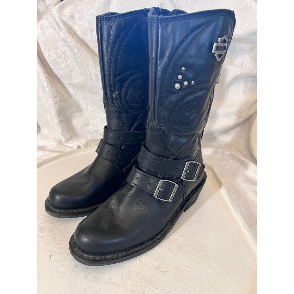 Harley-Davidson Black Leather Motorcycle Boots Kayla Studded Buckle Womens 7M